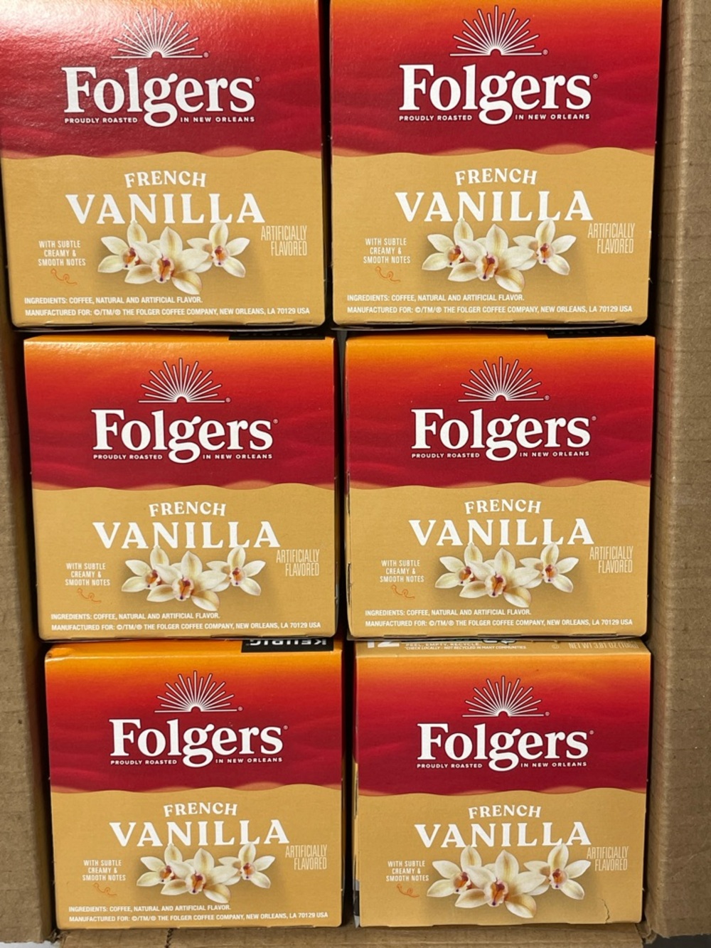 Folgers 6 Boxes of French Vanilla Coffee Pods Rich Vanilla Flavor k-cups 72 ct